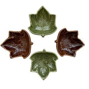 Pottery Barn 4 Green and Brown Maple Leaf small dishes- Sauce,Nuts,Candy or Dips